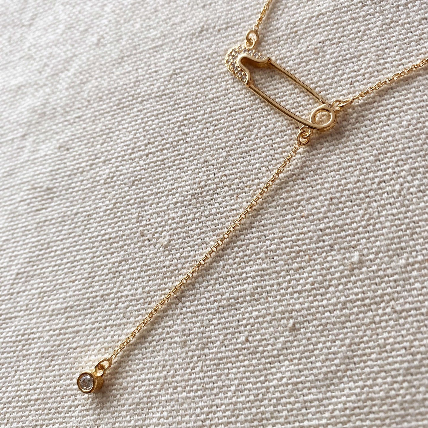 GoldFi 18k Gold Filled Safety Pin Necklace Featuring Cubic Zirconia Accents