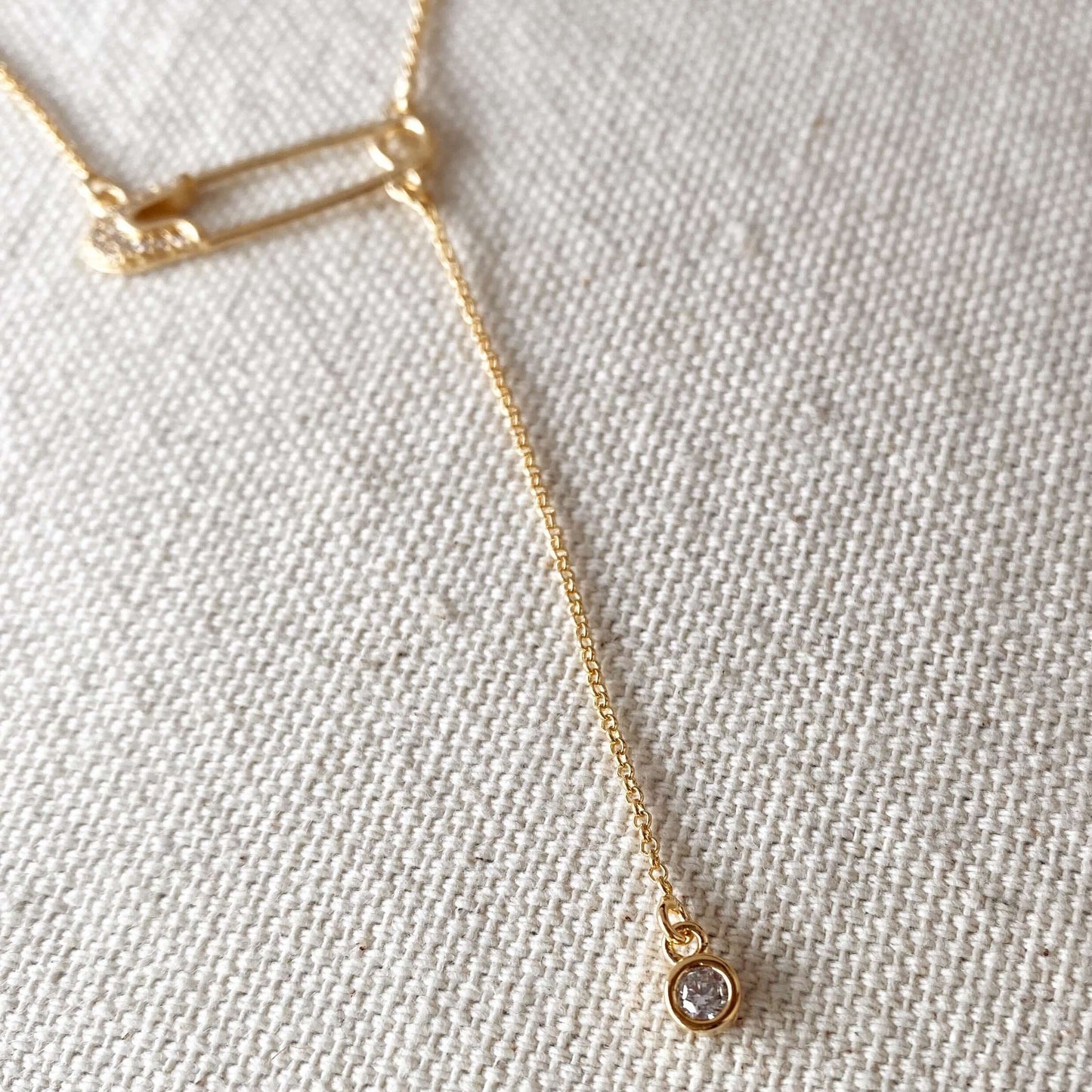 GoldFi 18k Gold Filled Safety Pin Necklace Featuring Cubic Zirconia Accents