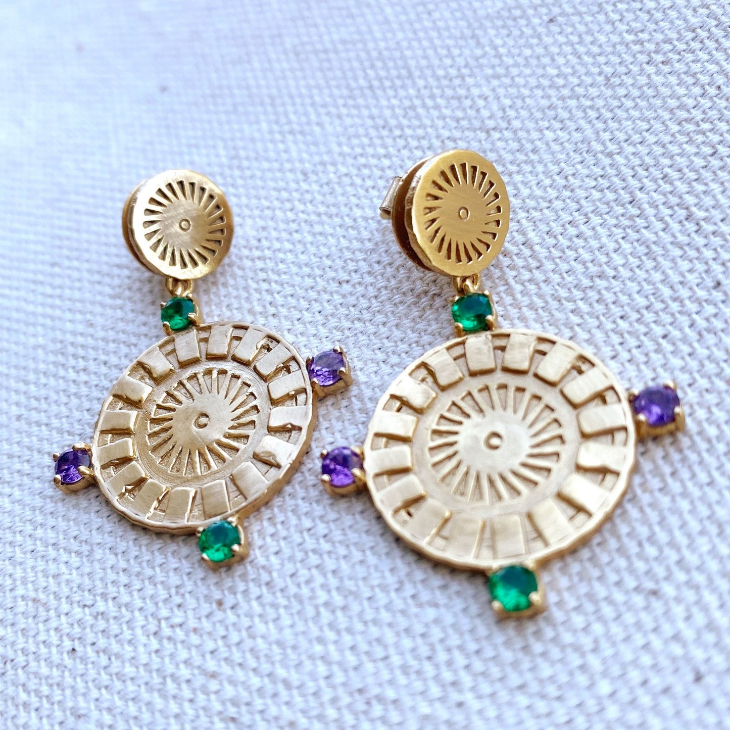 GoldFi 18k Gold Filled Sun Drop Emerald And Amethyst Cubic Zirconia Earrings