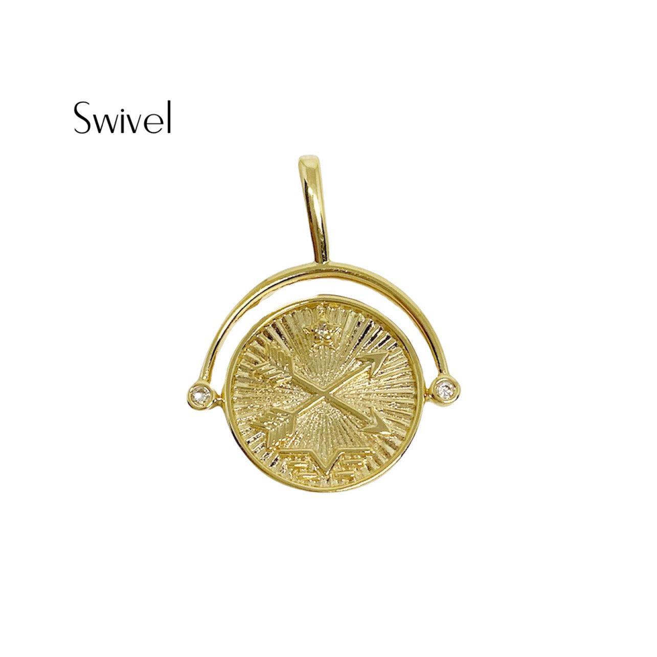 GoldFi 18k Gold Filled Swivel Compass Pendant Featuring Star Textured Background And Cardinal Points