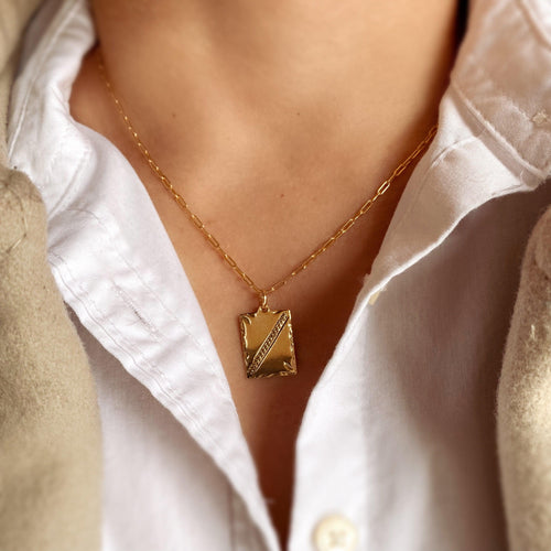 GoldFi 18k Gold Filled Tag Plate Pendant Featuring Diamond Cut Borders and Crossing Texture