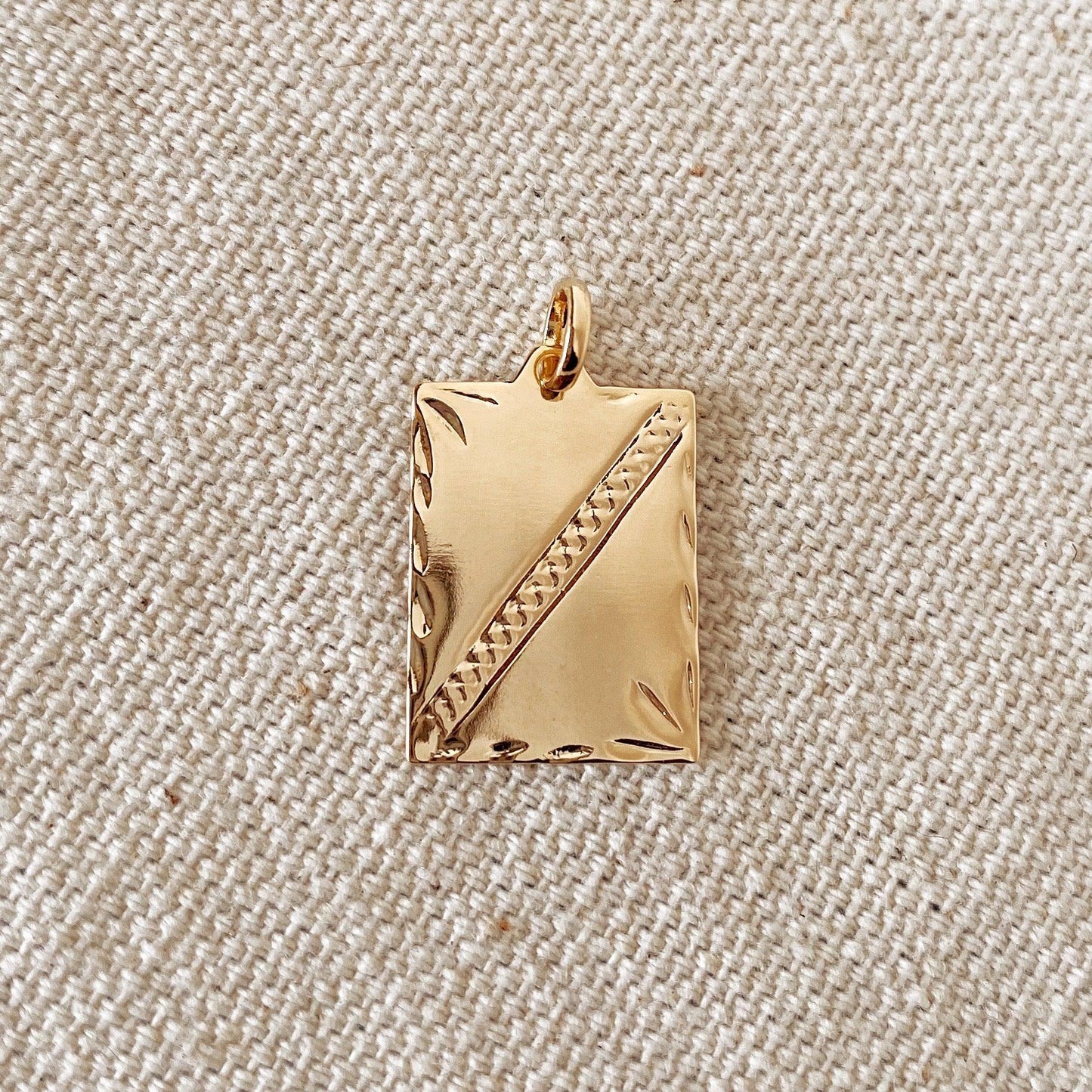 GoldFi 18k Gold Filled Tag Plate Pendant Featuring Diamond Cut Borders and Crossing Texture