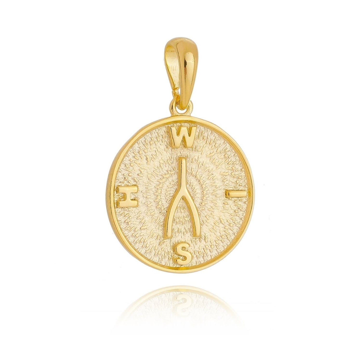 GoldFi 18k Gold Filled Wishbone Pendant Featuring Textured Background W I S H Letters