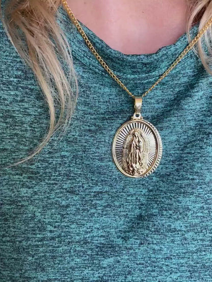 18k Gold Filled Hollowed Oval Lady of Guadalupe Pendant Featuring Rose Gold Detail, Stainless Steel Plate