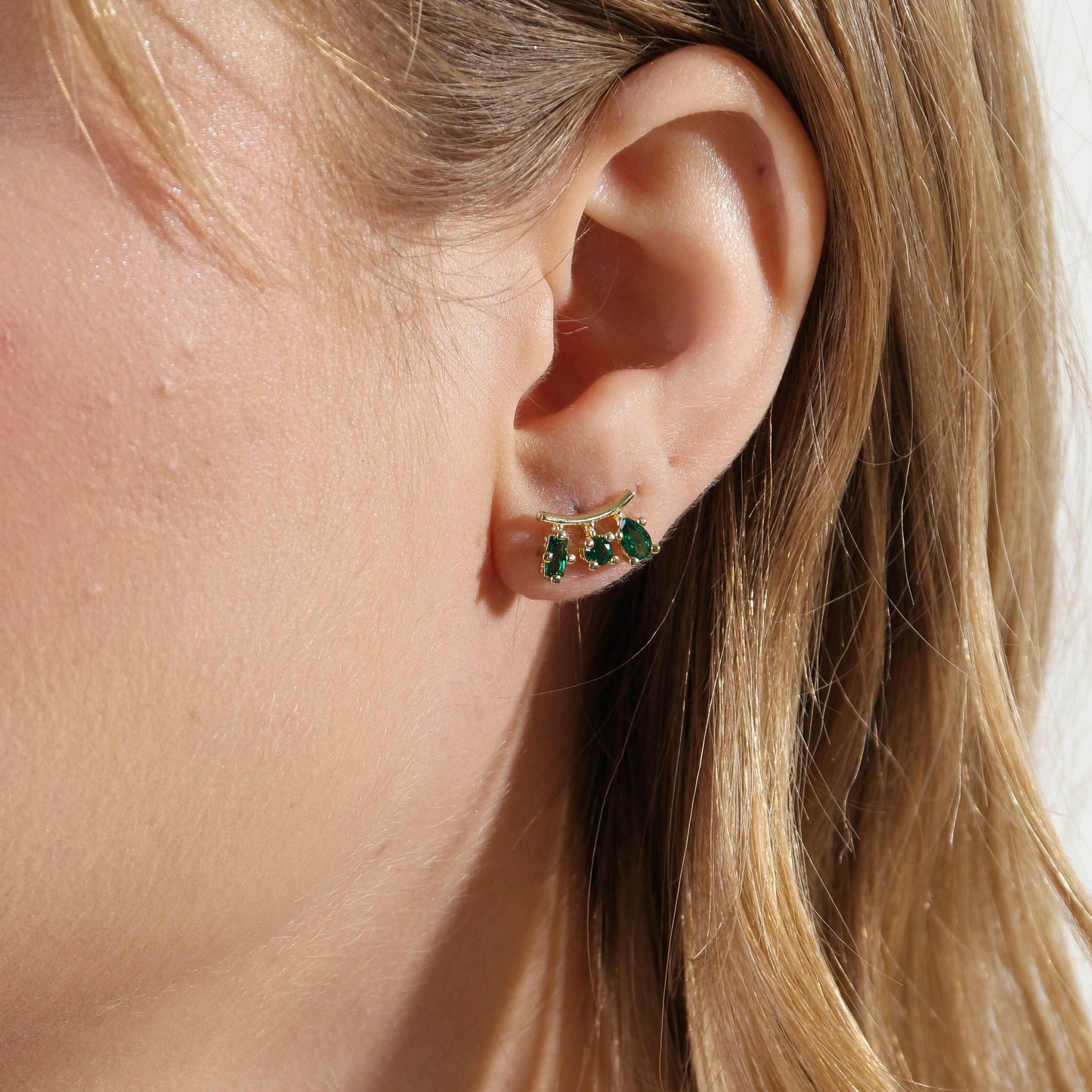 18k Gold Filled Triple Stone Emerald Ear Climber Earrings