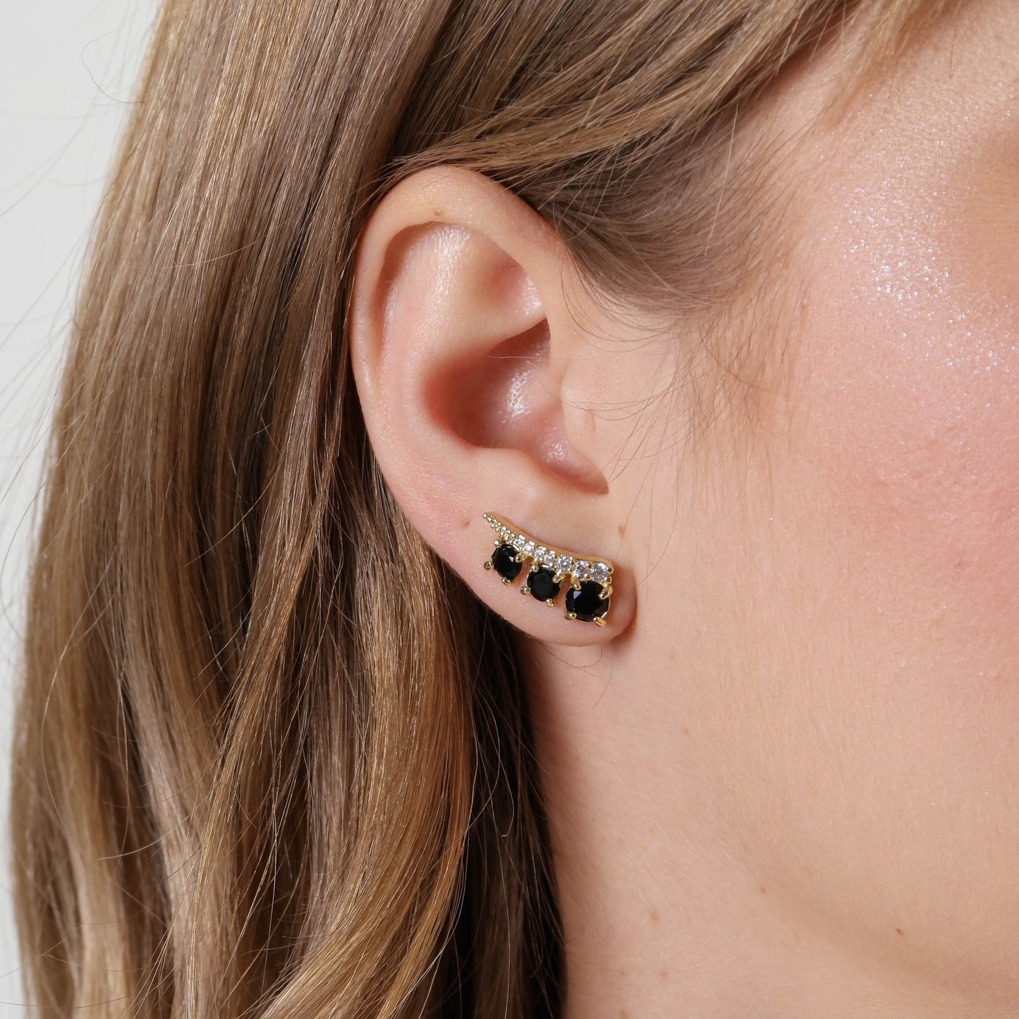 18k Gold Filled Triple Stone Black Ear Climber Earrings
