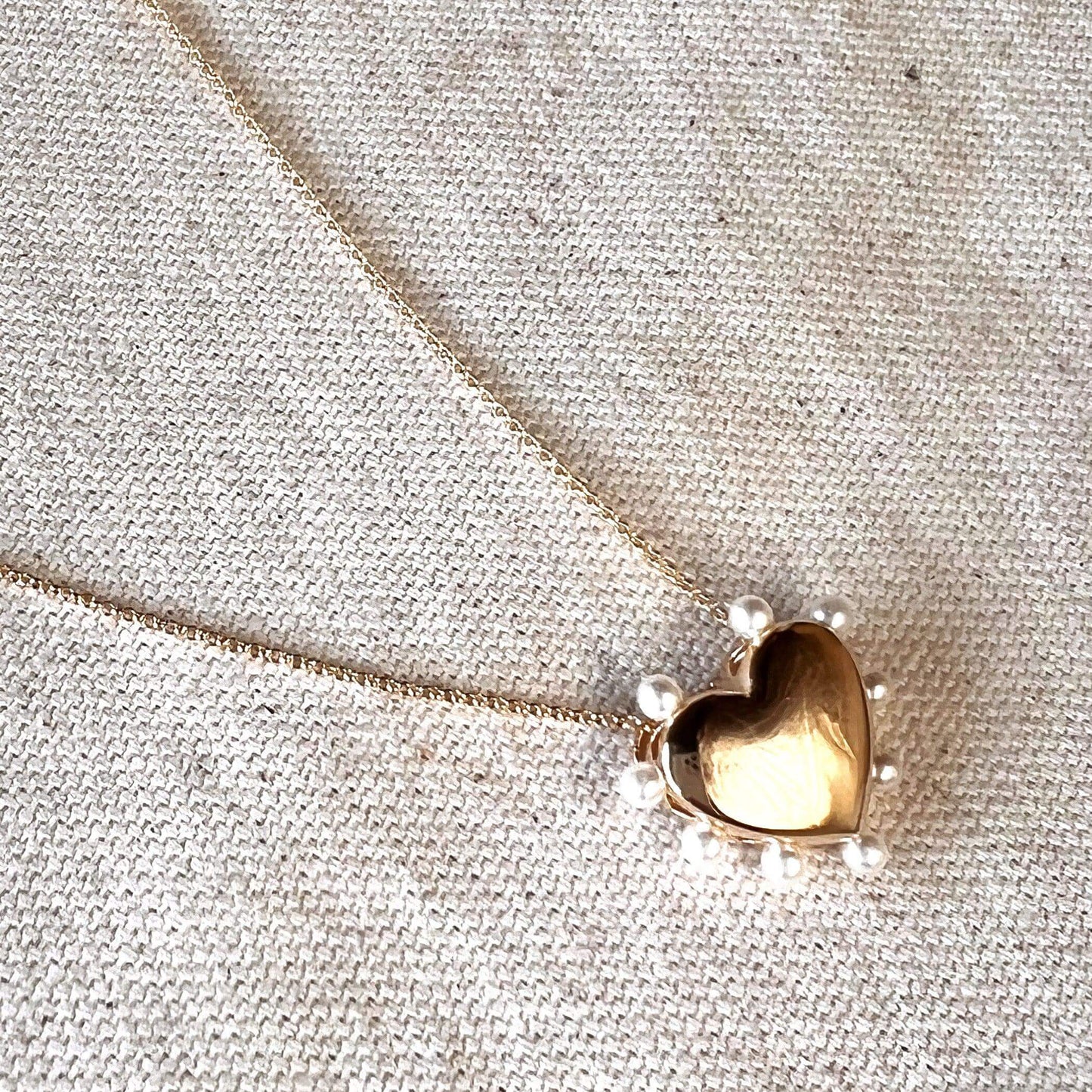 GoldFi Puffy Heart Surrounded by Pearls Necklace