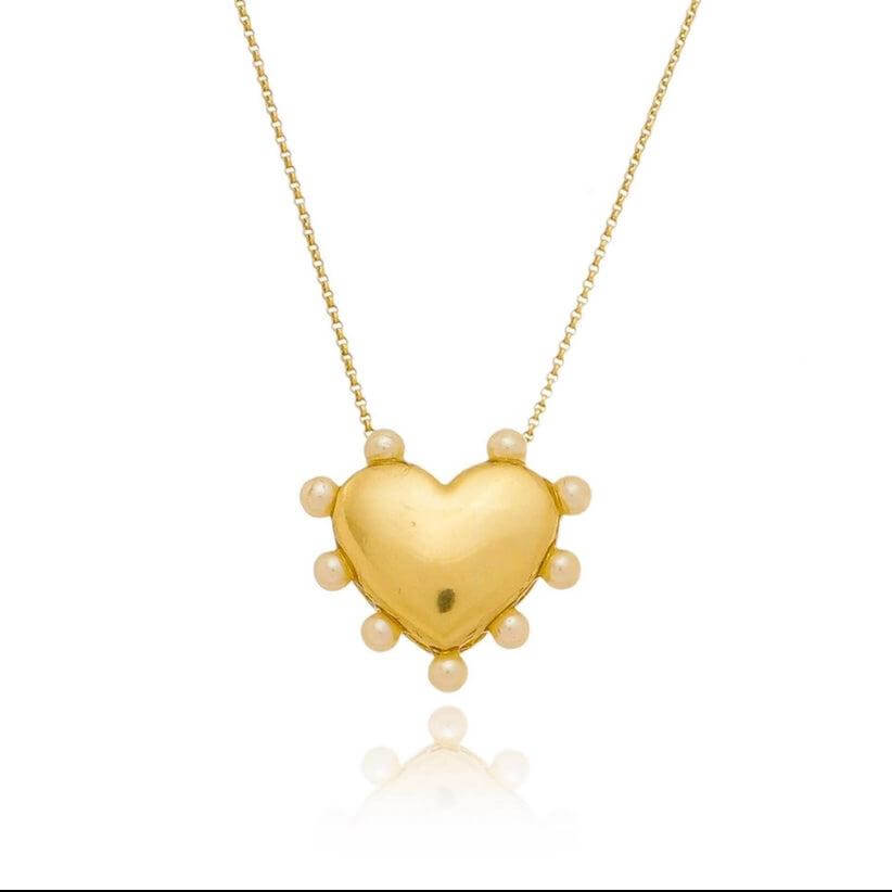 GoldFi Puffy Heart Surrounded by Pearls Necklace