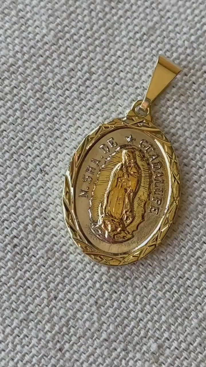 18k Gold Filled Tricolor Lady of Guadalupe Pendant In Gold, Rhodium and Rose Gold