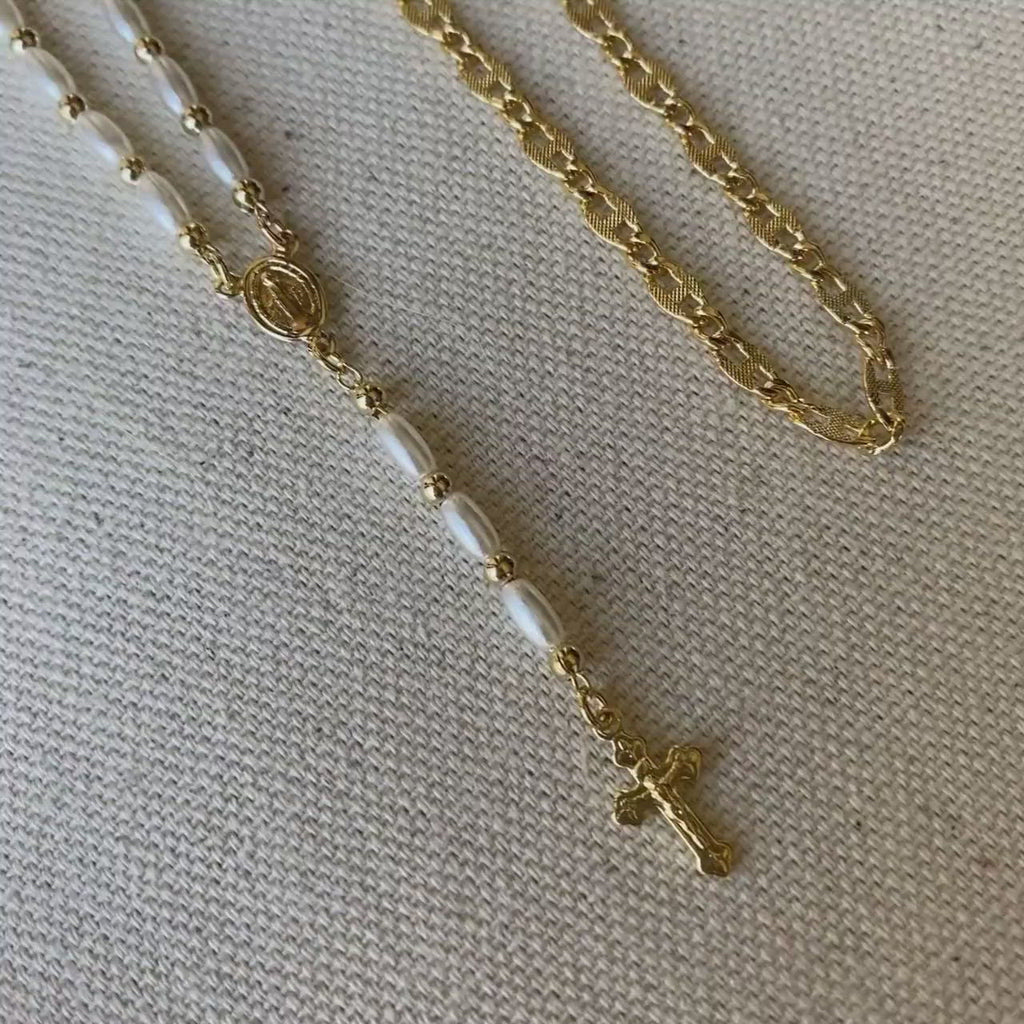 18k Gold Filled Pearl Rosary Necklace