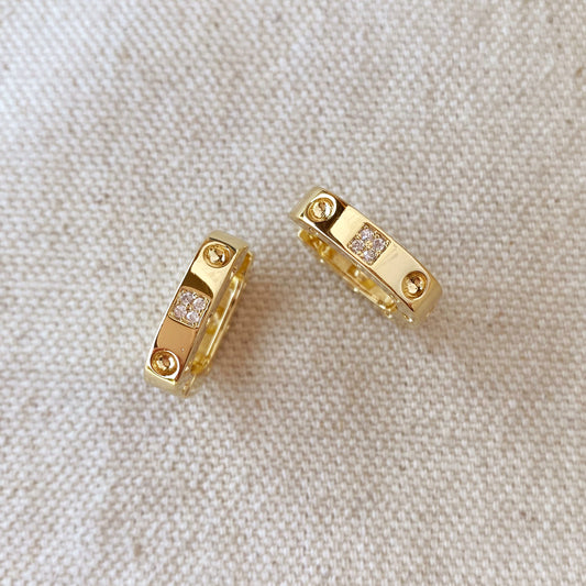 18k Gold Filled Small Rectangular Clicker Hoop Earrings With Cubic Zirconia Detail