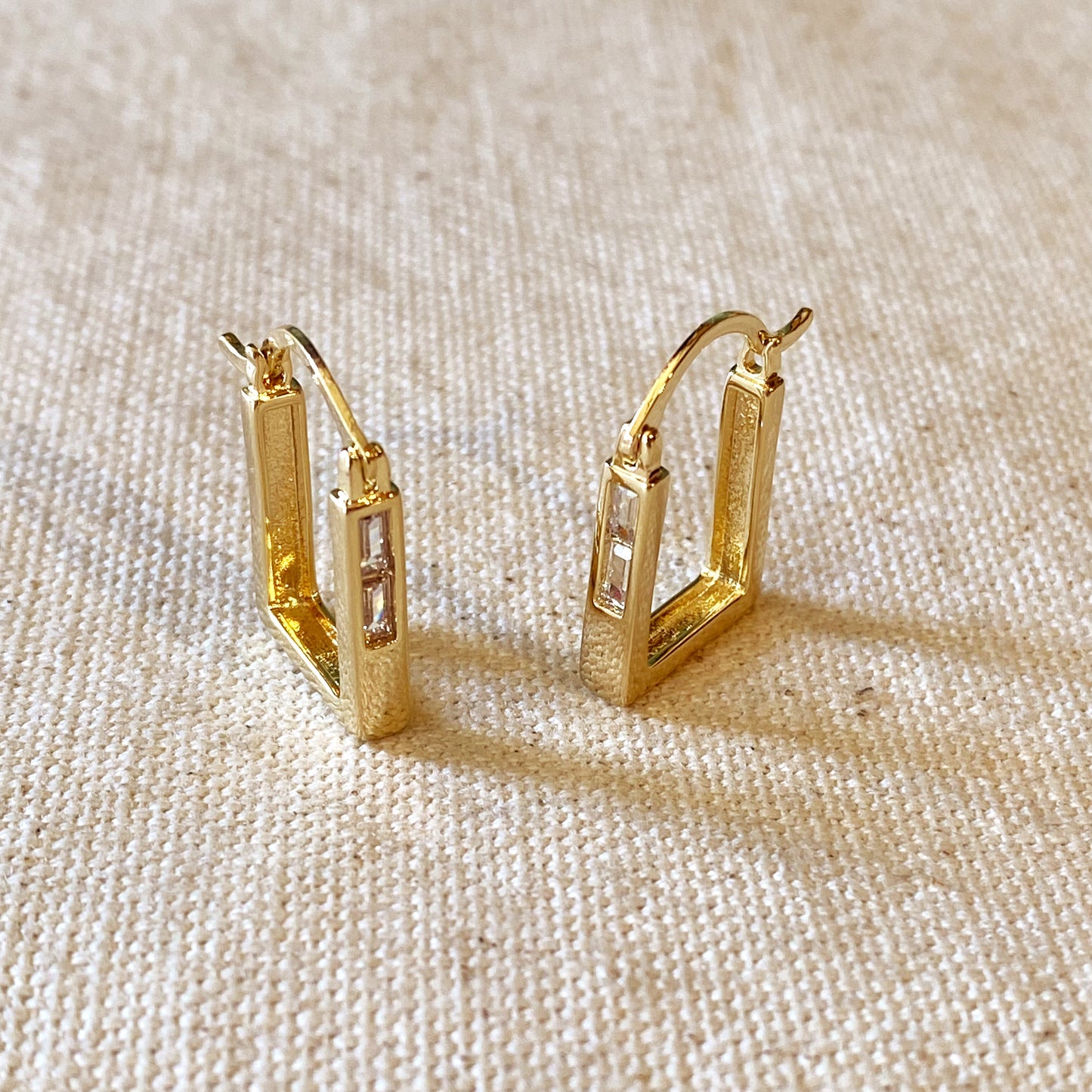 Gold Square Hoop Earrings Featuring Baguette Cubic Zirconia