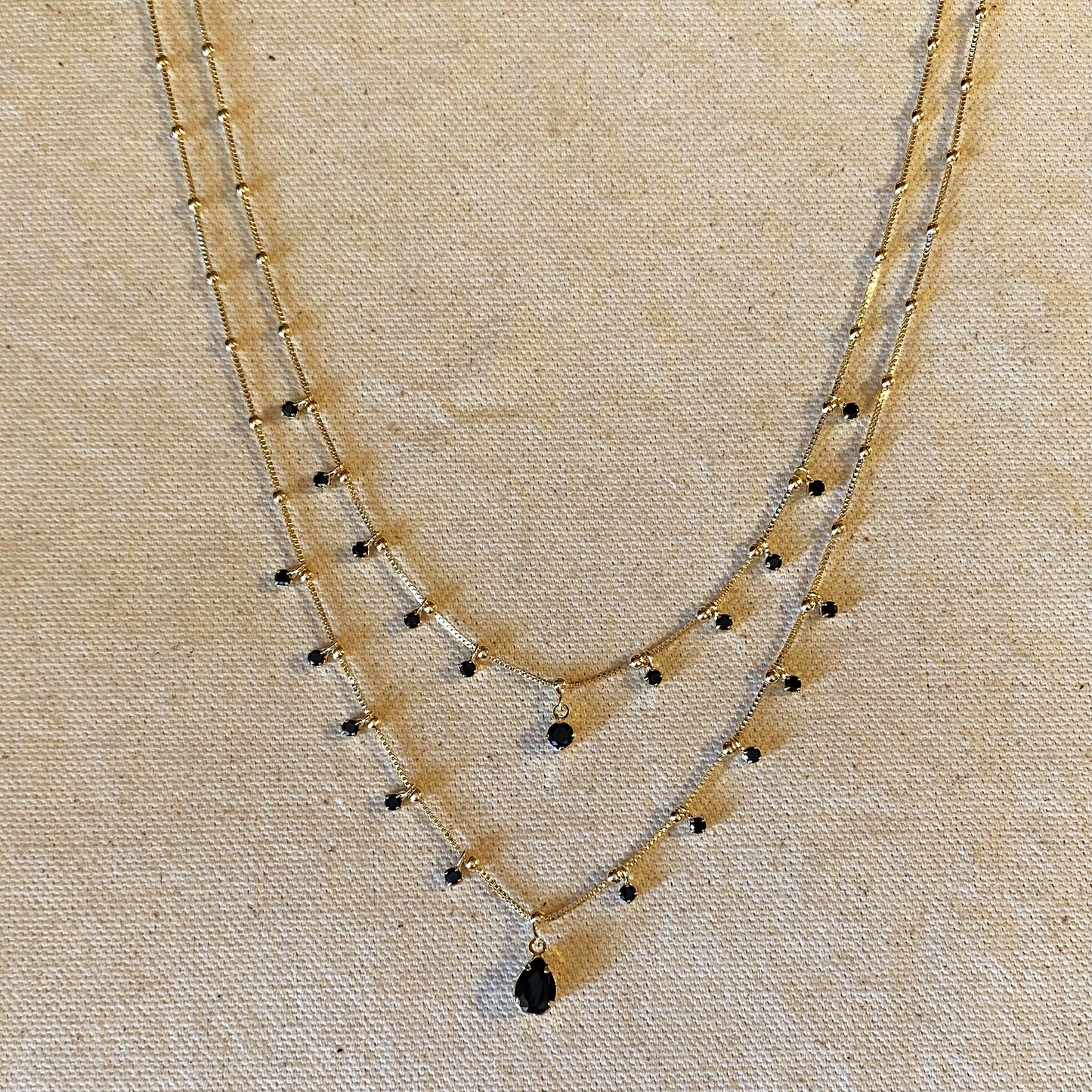 18k Gold Filled Double Teardrop Black Necklace