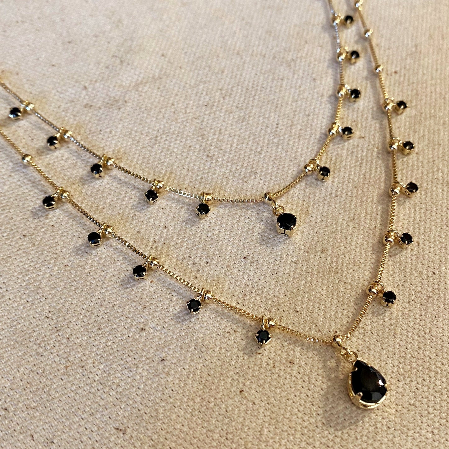 18k Gold Filled Double Teardrop Black Necklace