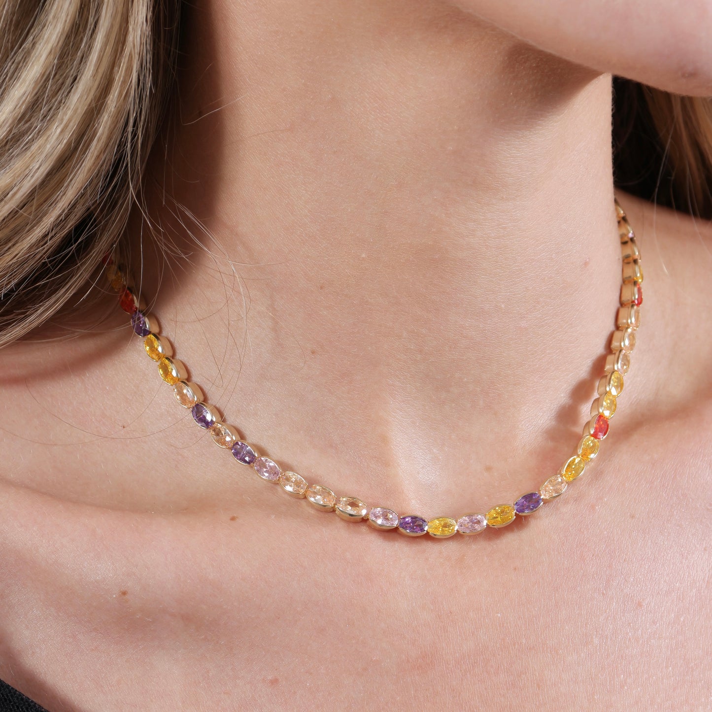 18k Gold Filled Oval Multi-Colored Cubic Zirconia Necklace