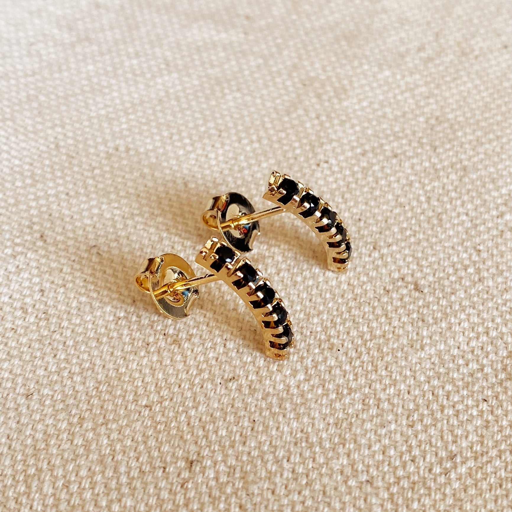 GoldFi 18k Gold Filled Curved Bar Black Crystal Stud Earrings