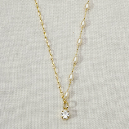 18k Gold Filled Oval Shaped Pearl Necklace With Cubic Zirconia Stone Charm