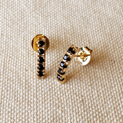 GoldFi 18k Gold Filled Curved Bar Black Crystal Stud Earrings