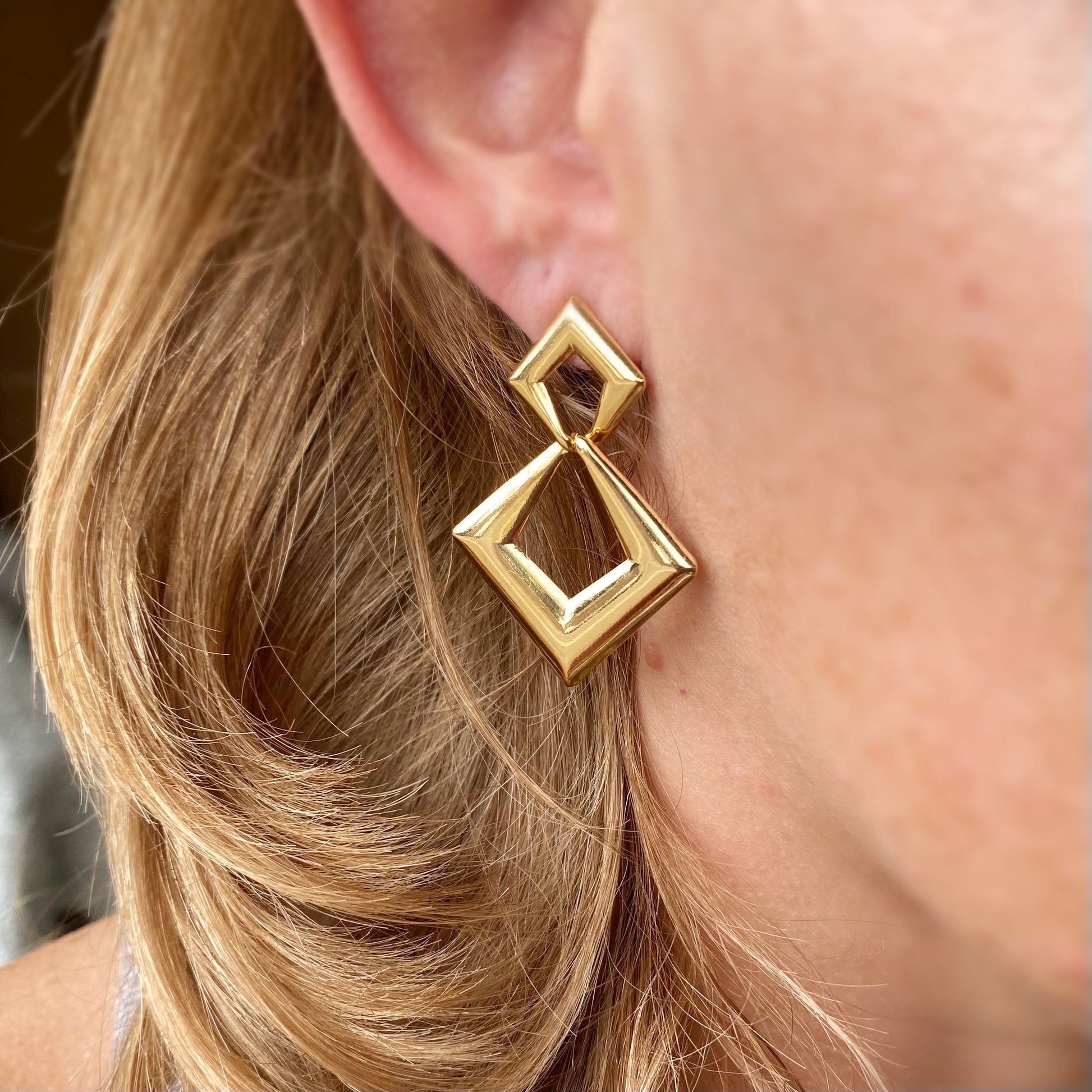 18k Gold Filled Double Diamond Shapes Dangling Earrings
