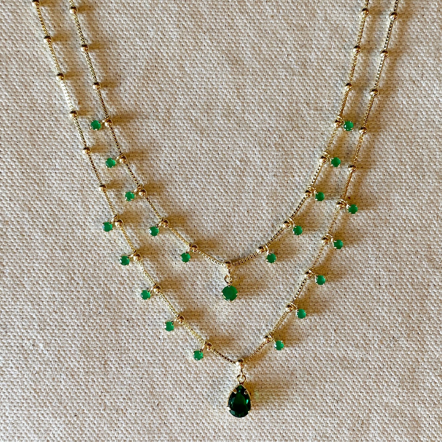 18k Gold Filled Double Teardrop Emerald Necklace