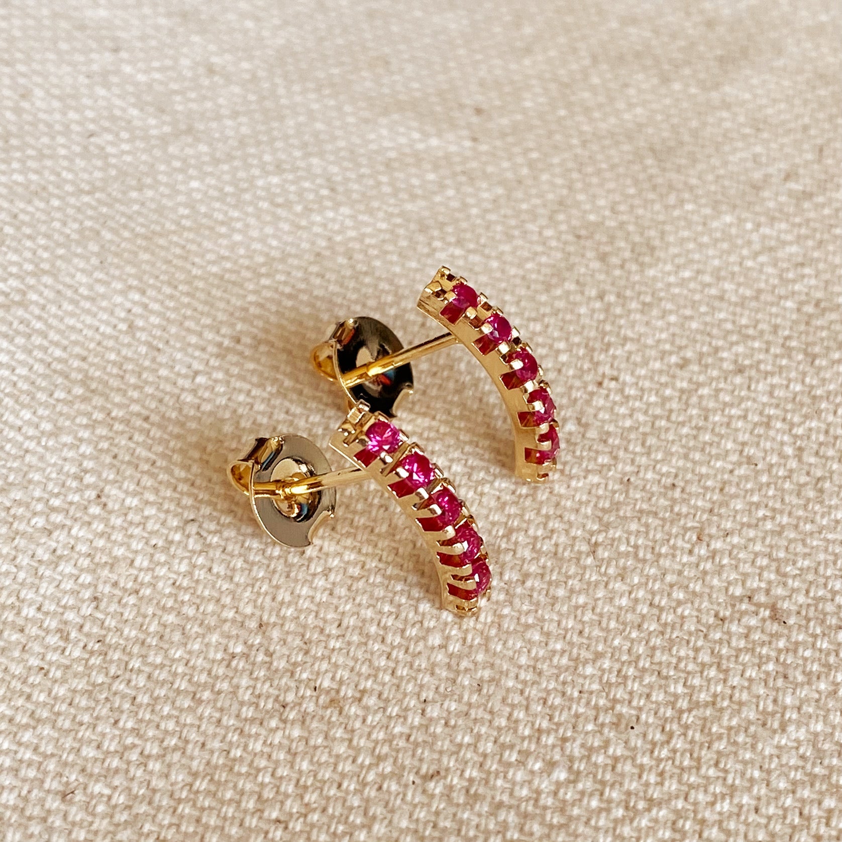 GoldFi 18k Gold Filled Curved Bar Fuchsia Crystal Stud Earrings