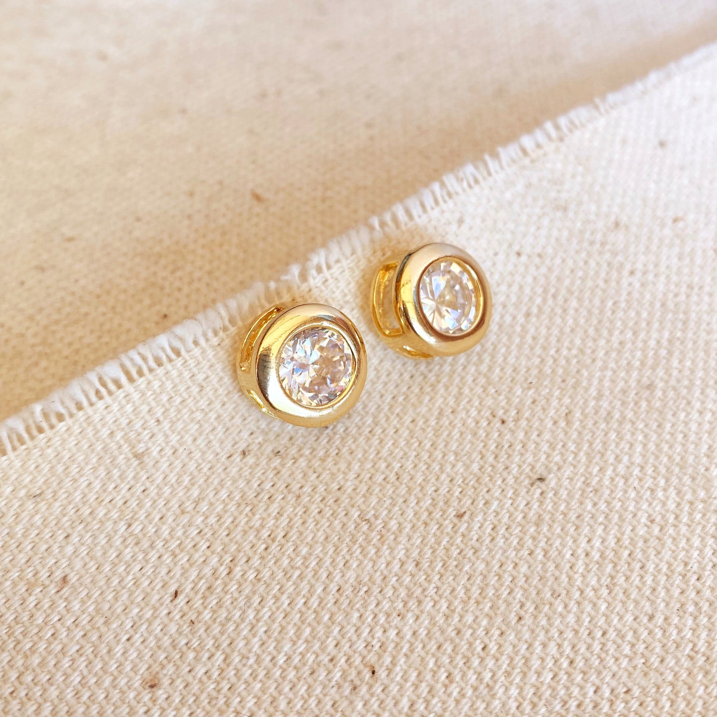 GoldFi 18k Gold Filled 10mm Bezeled Cubic Zirconia Stone Stud Earrings