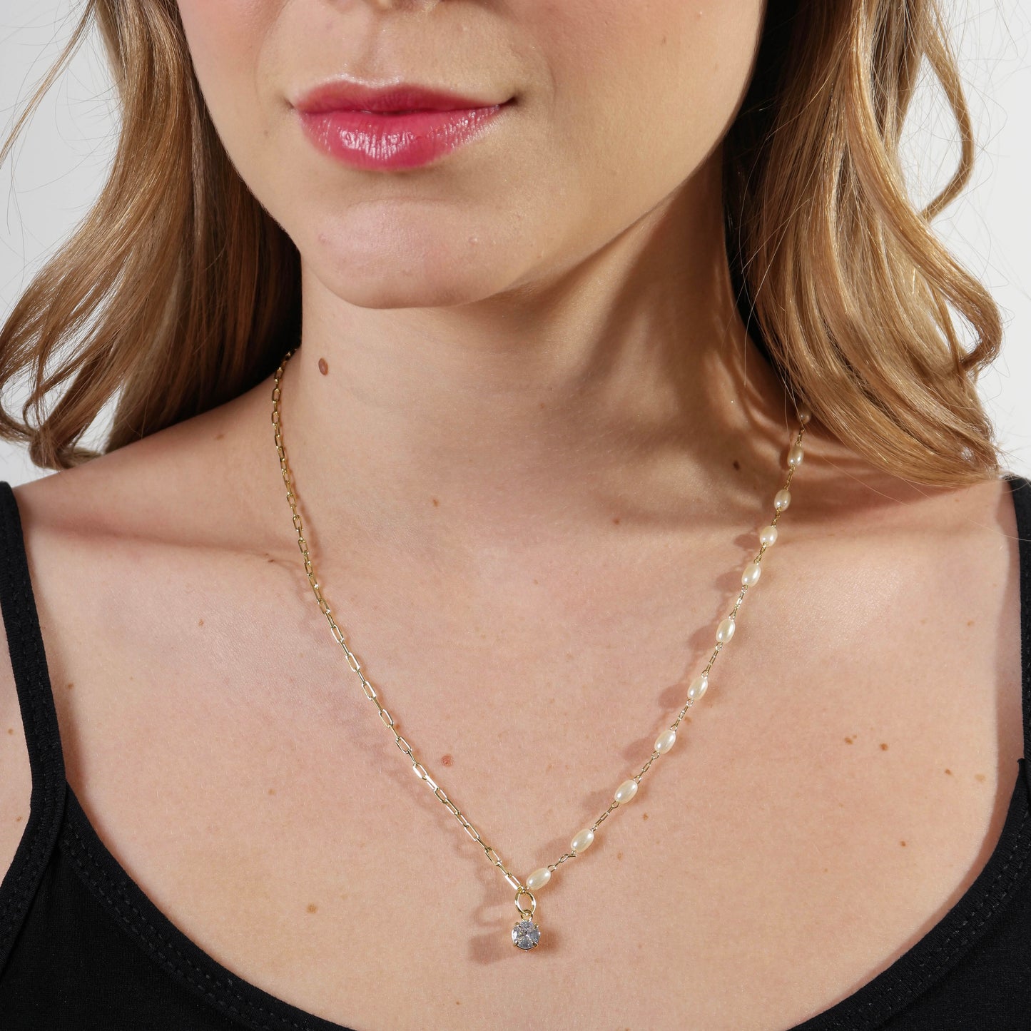 18k Gold Filled Oval Shaped Pearl Necklace With Cubic Zirconia Stone Charm