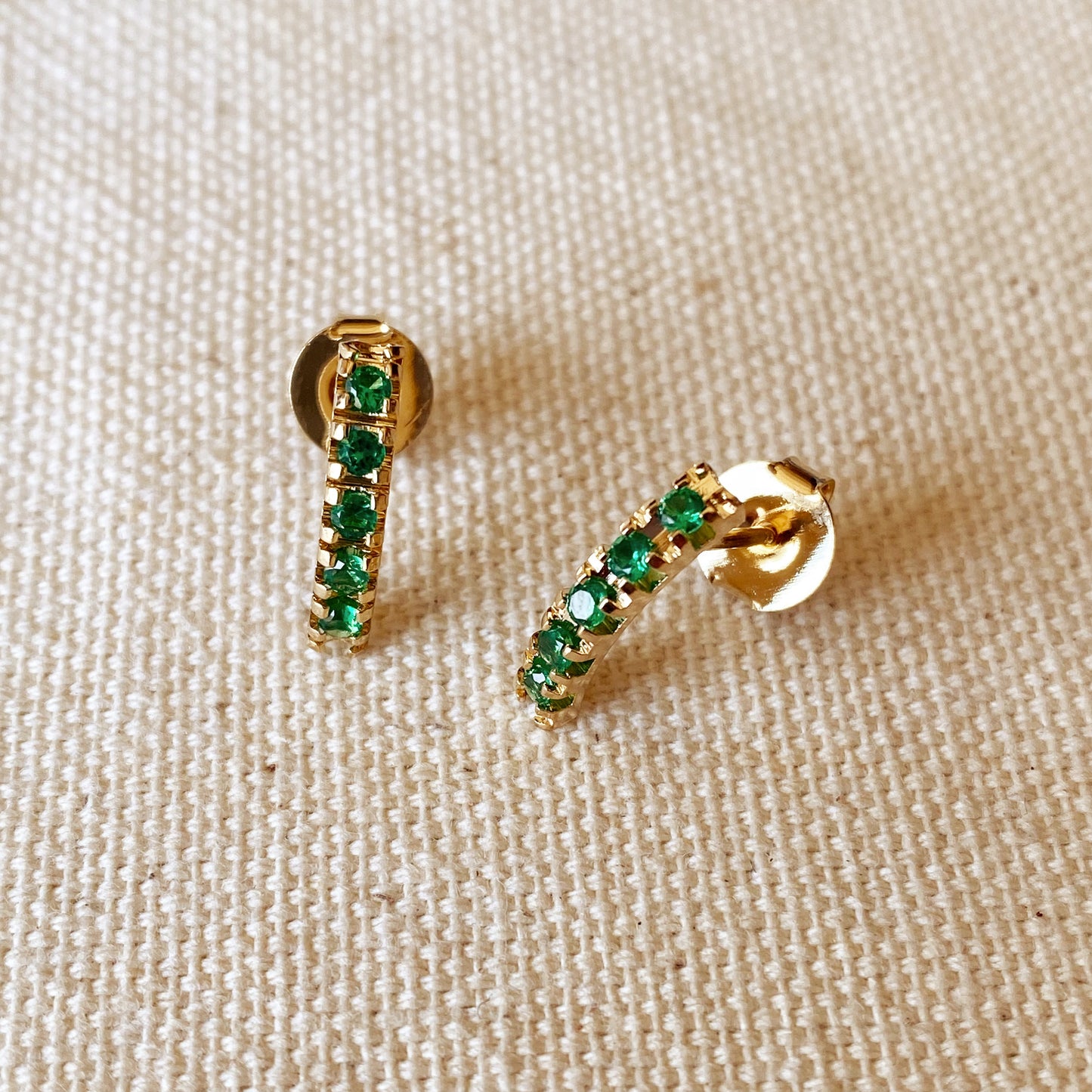 GoldFi 18k Gold Filled Curved Bar Emerald Green Crystal Stud Earrings