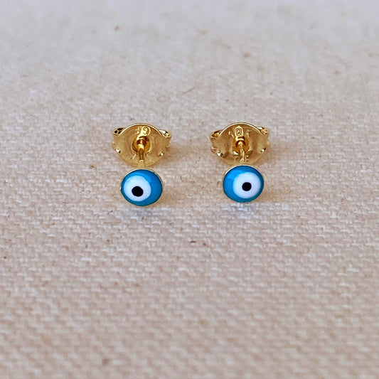 GoldFi 18k Gold Filled Tiny Aqua Evil Eye Stud Earrings